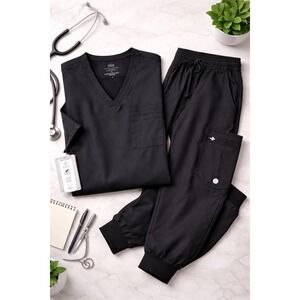 RBX Black Scrub Set XL Jogger Pants & V-Neck Top Stretch Medical Uniform NWT